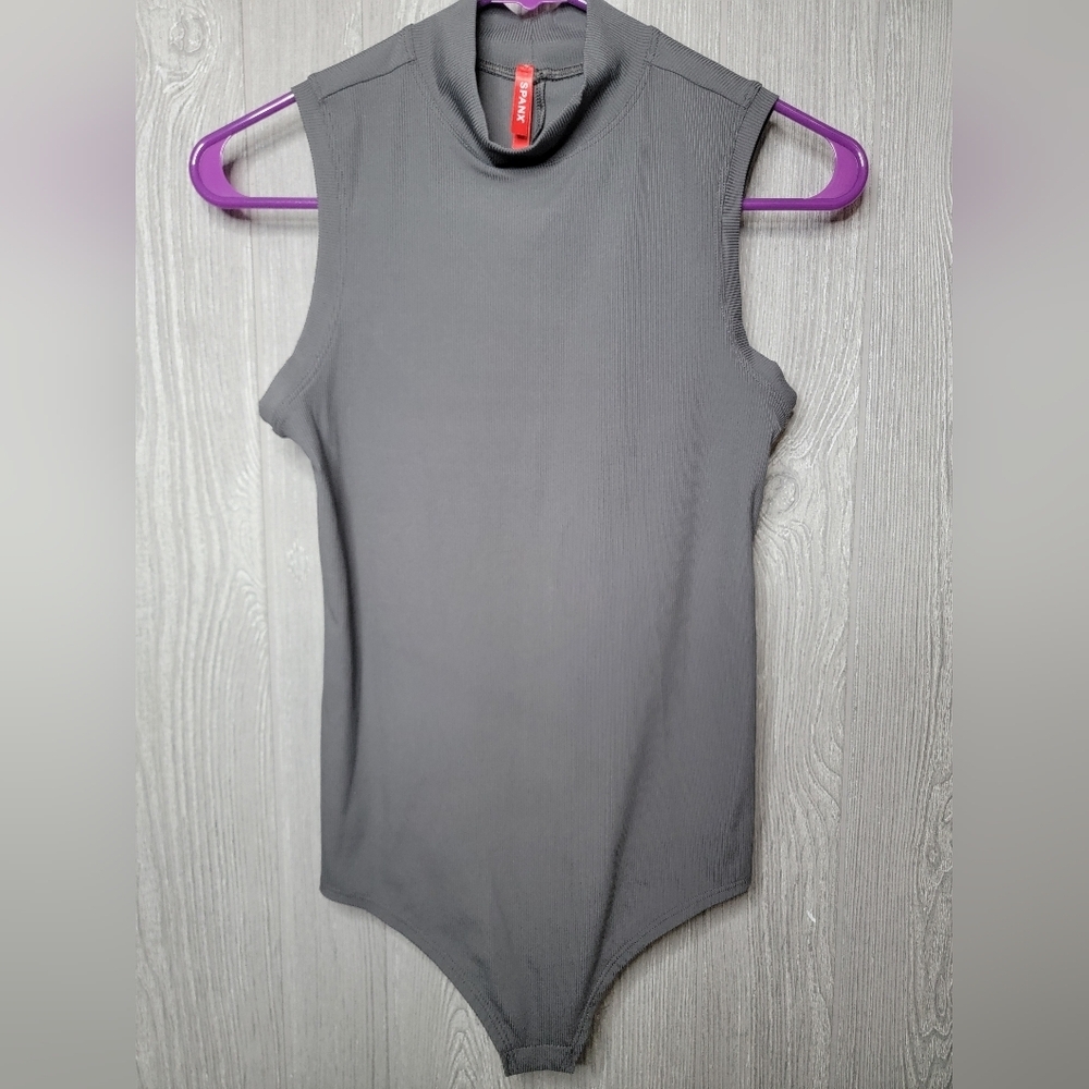 Spanx Suit Your Fancy Mock Neck Bodysuit Gray Ribbed Sleeveless Small